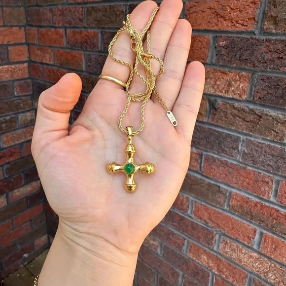 Green Onyx 18KGold Plated Stainless Steel Waterproof  Stone Cross Necklace - Picture 15 of 16